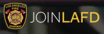 Los Angeles Fire Department badge next to the words “JOIN LAFD” on a dark background.