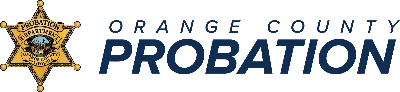 Orange County Probation logo, featuring a sheriff’s badge with a central seal on the left and bold blue text on the right.