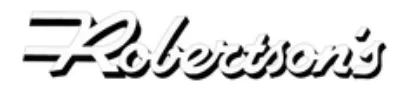 Robertson’s“ logo in a stylized, cursive black font with a shadow effect on a white background.