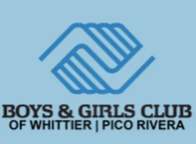 Logo of the Boys & Girls Club of Whittier and Pico Rivera, featuring two blue hands clasped together above the club’s name on a blue background.