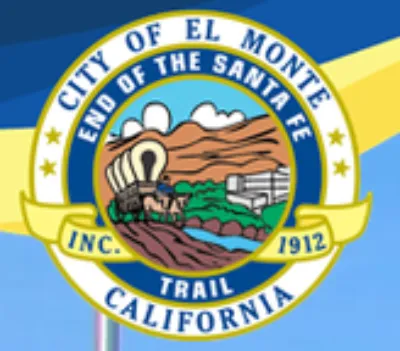 City of El Monte, California seal featuring a wagon, hills, trees, river, and text: “End of the Santa Fe Trail,” “Inc. 1912.”.