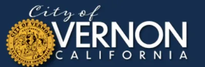 City of Vernon, California logo with a gold city seal on a dark blue background and white text.