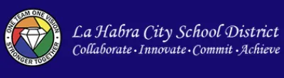 La Habra City School District logo with a diamond emblem and the words “Collaborate, Innovate, Commit, Achieve” on a blue background.