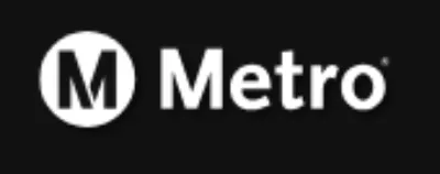 The image shows the Los Angeles Metro logo with a white “M” inside a circle and the word “Metro” in bold white text on a black background.