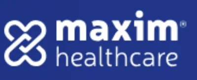 Maxim Healthcare logo with a stylized heart icon and the words “maxim healthcare” in white text on a blue background.