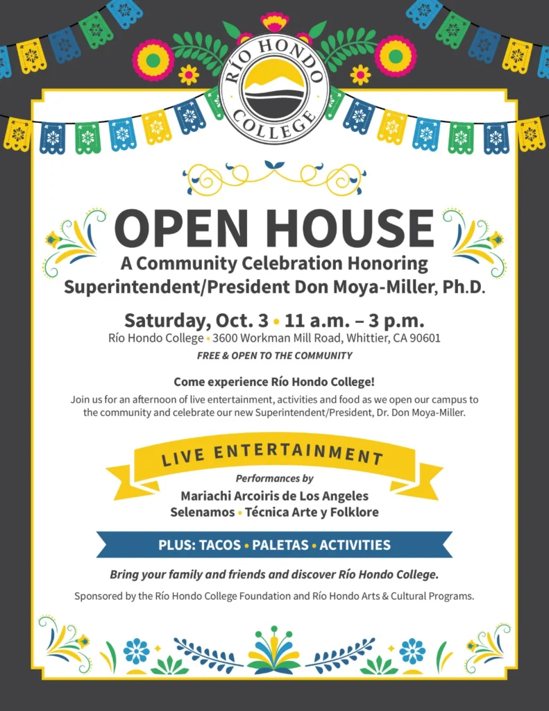 Rio Hondo College Open House flyer with event details, live entertainment, tacos, paletas, activities, and a colorful festive border.