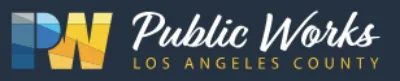 Logo with the letters “PW,” the words “Public Works,” and “Los Angeles County” underneath on a dark blue background.