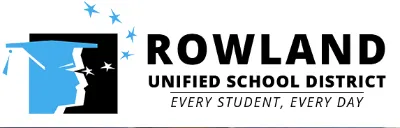 Rowland Unified School District logo with a blue graduation cap, stylized profile, and slogan “Every Student, Every Day.”.