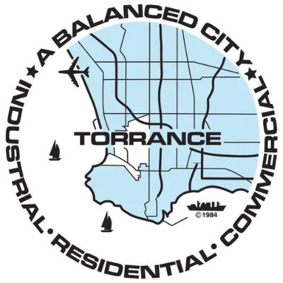 City of Torrance seal featuring a map, airplane, boats, and text: “A Balanced City: Industrial, Residential, Commercial.”.