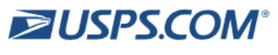 USPS.com logo featuring a stylized white eagle head in a blue square next to the text “USPS.COM” in blue capital letters.