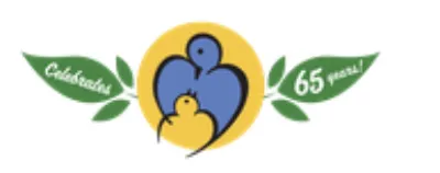 Logo with stylized blue and yellow birds, a yellow circle background, and green leaves. Text on leaves reads “Celebrate” and “65 years!”.