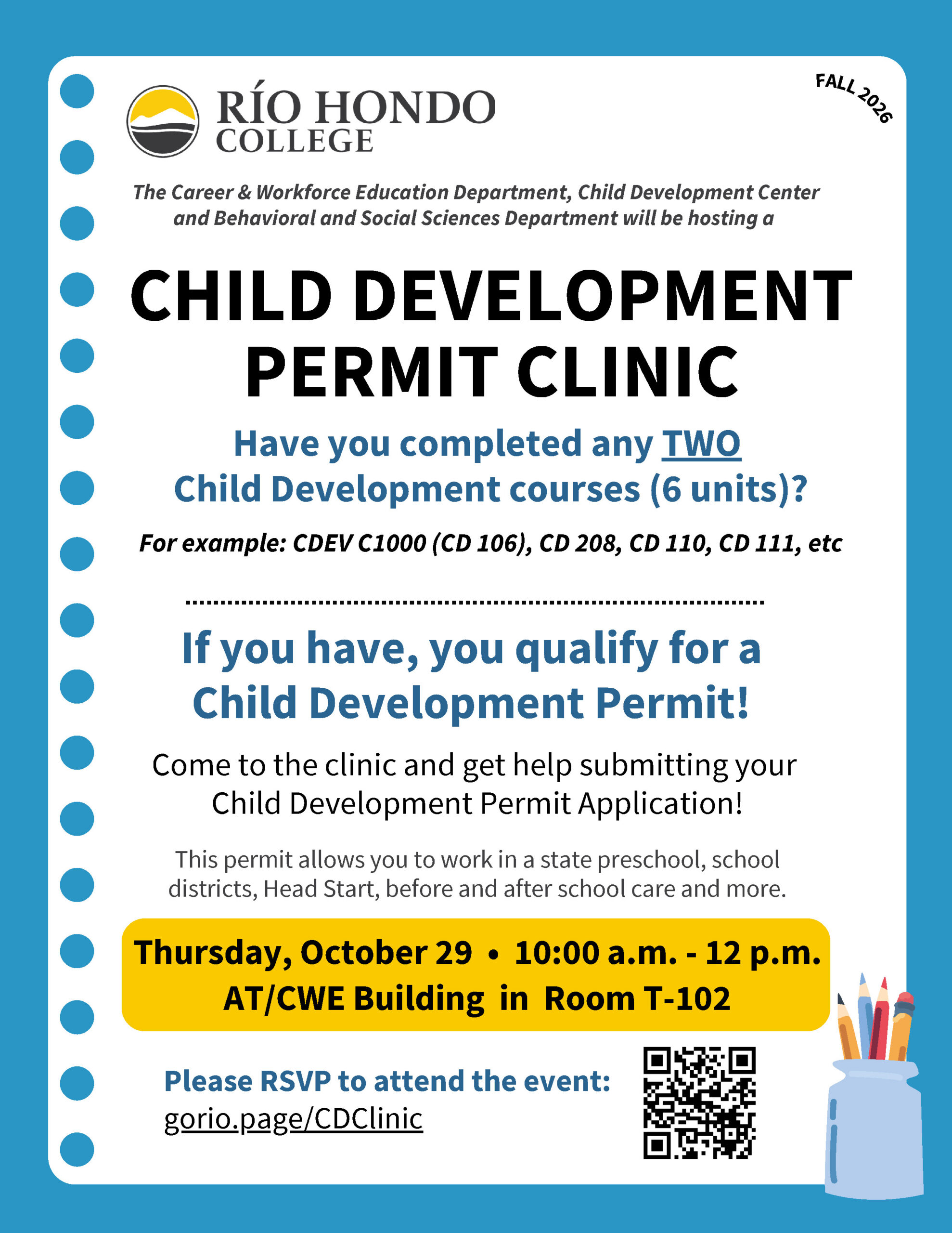 Flyer for a Rio Hondo College Child Development Permit Clinic on October 29 from 10 a.m. to 12 p.m. in room T-102, with an RSVP link and QR code.