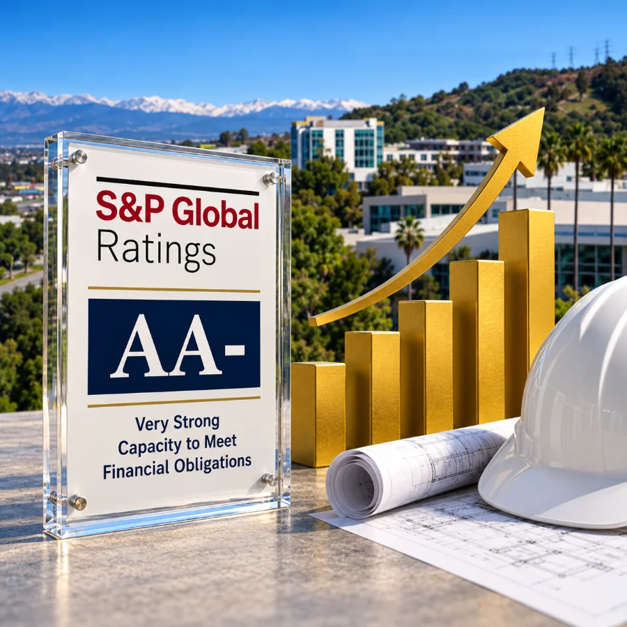S&P Global Ratings plaque showing an AA- rating, next to a golden bar graph with an upward arrow, rolled blueprints, and a white hard hat.