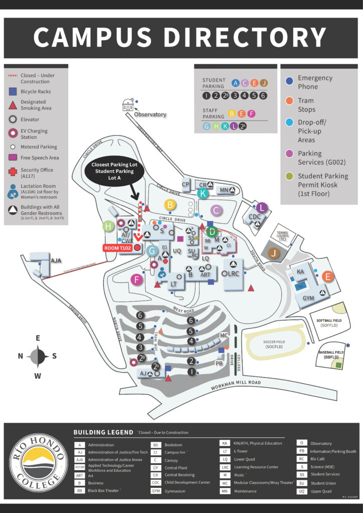 Rio Hondo College campus directory map showing building locations, parking lots, and a legend for campus facilities and services.
