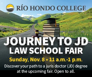 Río Hondo College Journey to JD Law School Fair poster for Sunday, Nov. 8, from 11 a.m. to 1 p.m.