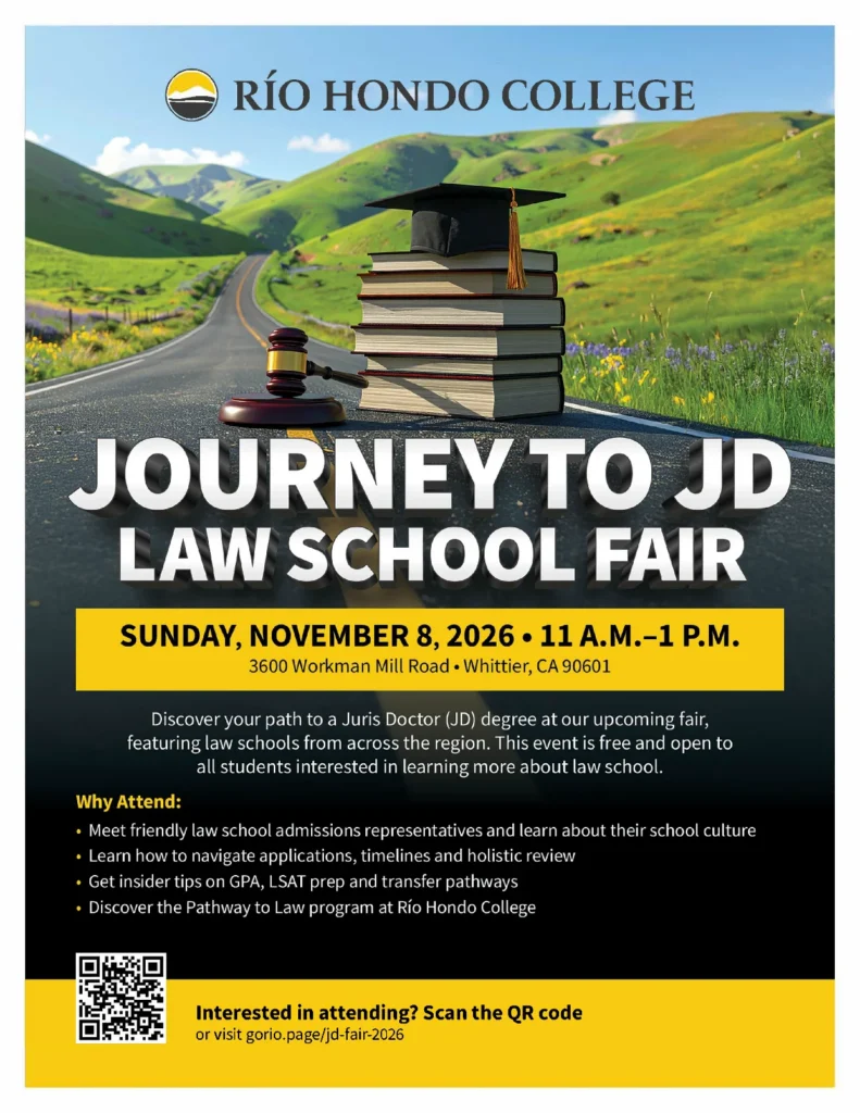 Rio Hondo College Law School Fair flyer for Sunday, November 8, 2026, at 11 a.m. Includes event details, benefits of attending, and a QR code for registration.